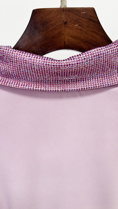 violet Pink crêpe maxi dress with crystal chainmail flower