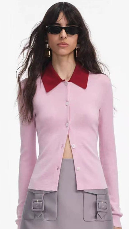 HAIDE WOMEN'S CHIC CONTRAST COLLAR LONG SLEEVE KNIT POLO TOP