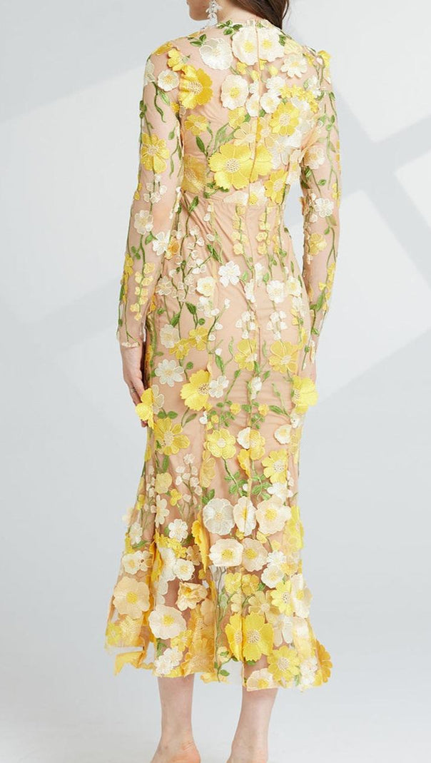 AIIZIE CAROL YELLOW FLORAL EMBROIDERY MESH LONG SLEEVE MIDI DRESS - product image