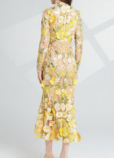 CAROL YELLOW FLORAL EMBROIDERY MESH LONG SLEEVE MIDI DRESS