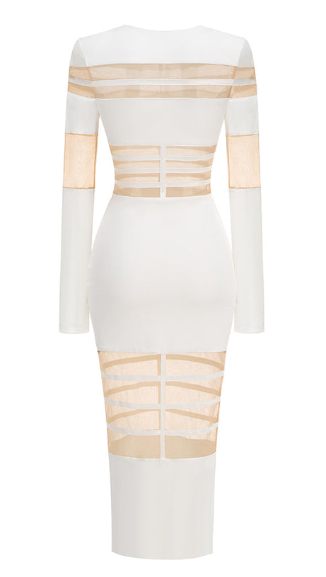 ABITO MIDI ADERENTE A MANICHE LUNGHE CON PANNELLI IN RETE BIANCA