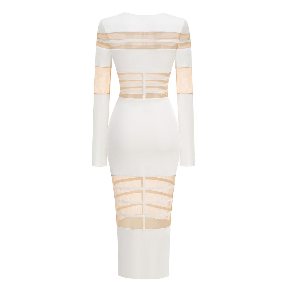 AIIZIE WHITE MESH - PANELED LONG - SLEEVE BODYCON MIDI DRESS - product image
