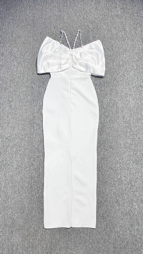 WHITE FANTASY RHINESTONE EMBELLISHED OFF SHOULDER DRESS