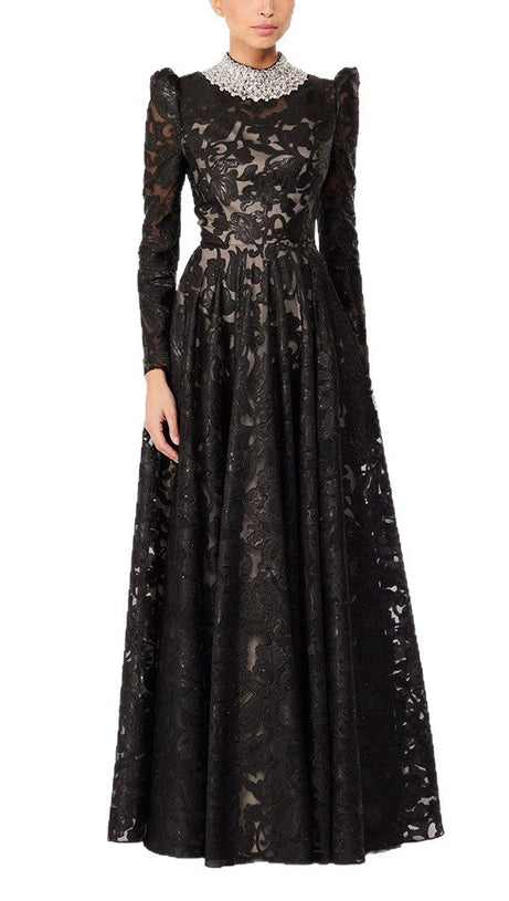 black mesh diamond embroidered maxi dress