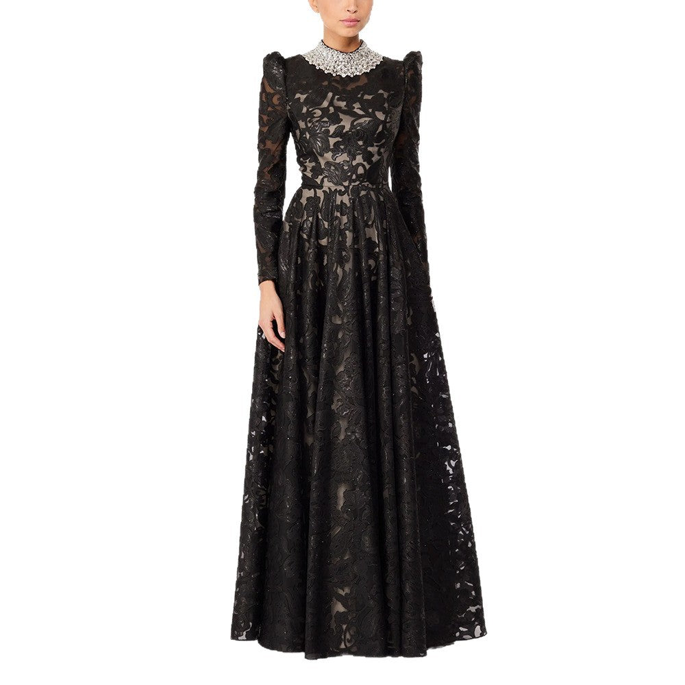 AIIZIE black mesh diamond embroidered maxi dress - product image