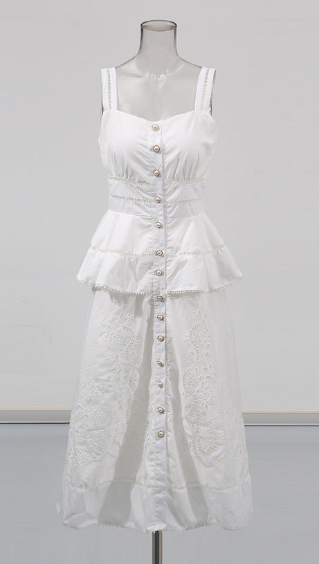 PEPLUM HOLLOW MIDI DRESS IN BEIGE