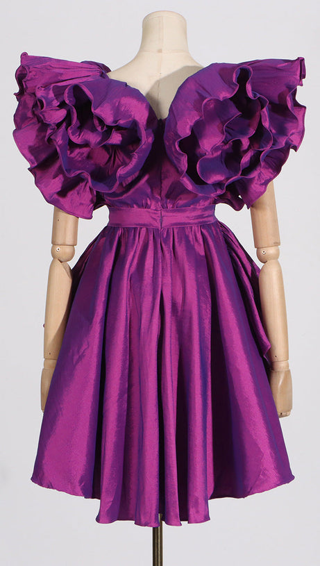 RUFFLES SATIN MINI DRESS IN PURPLE