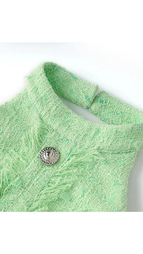 GEMMA PAISLEY-EMBELLISHED TWEED MINI DRESS IN GREEN