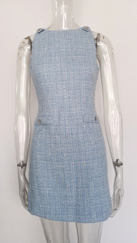 HALTER NECK TWEED VEST MINI DRESS IN BLUE