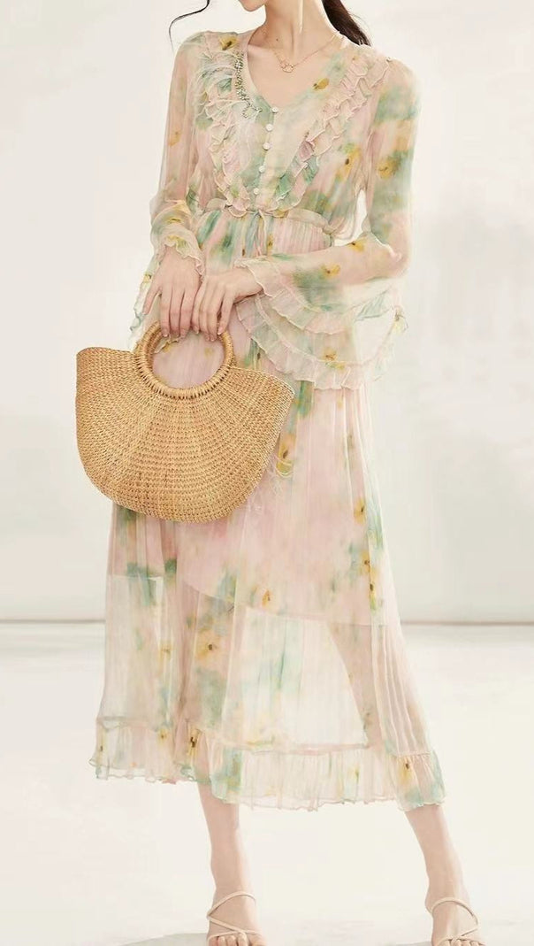 AIIZIE FLORAL PRINT CHIFFON SILK MIDI DRESS IN PALE GREEN - product image