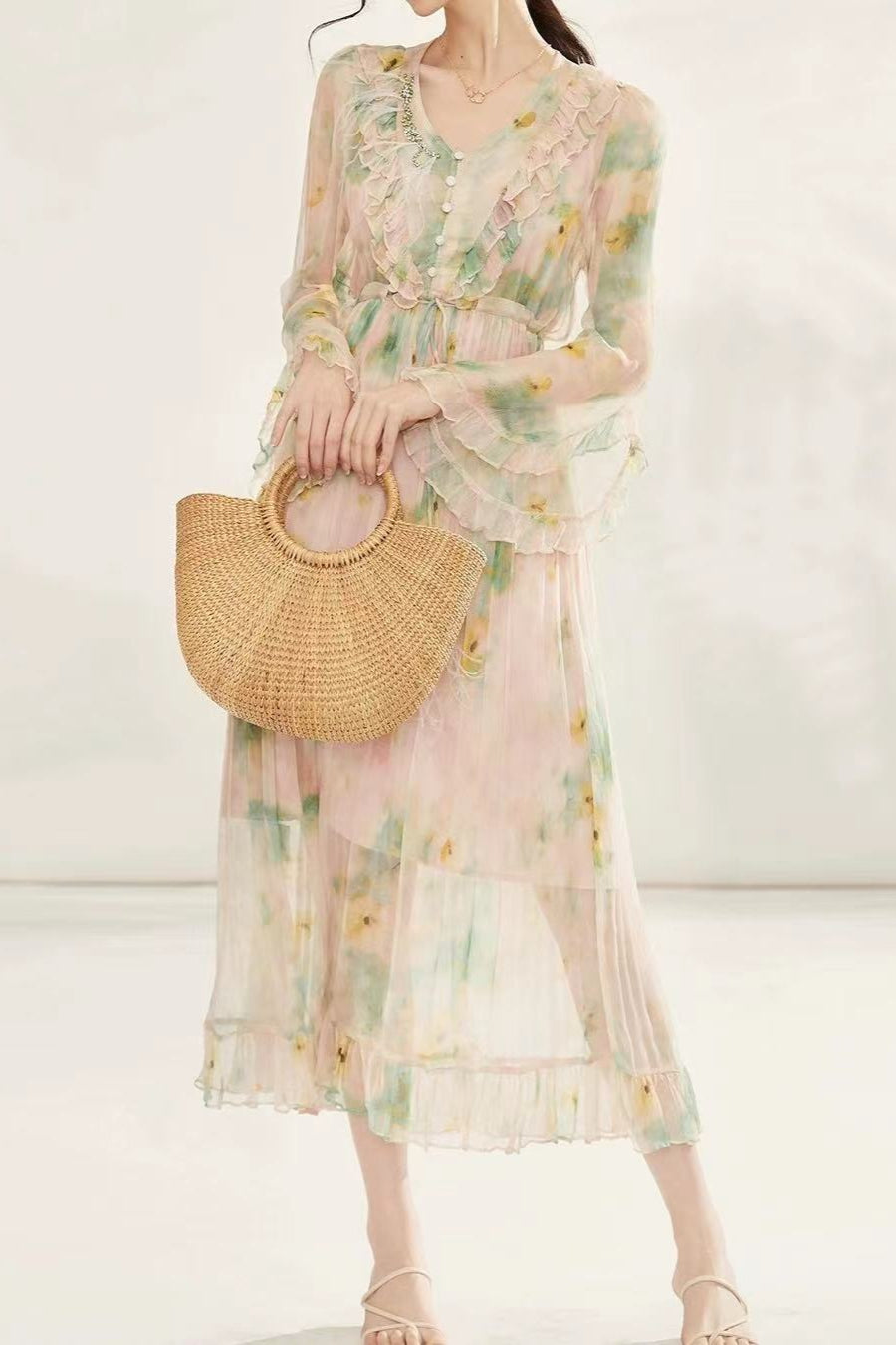 FLORAL PRINT CHIFFON SILK MIDI DRESS IN PALE GREEN
