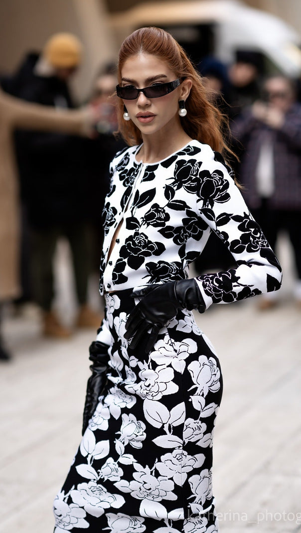 SET GONNA CARDIGAN MIDI A MATITA IN MAGLIA JACQUARD FLOREALE