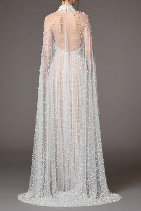 white Nail Bead Mesh maxi Dress