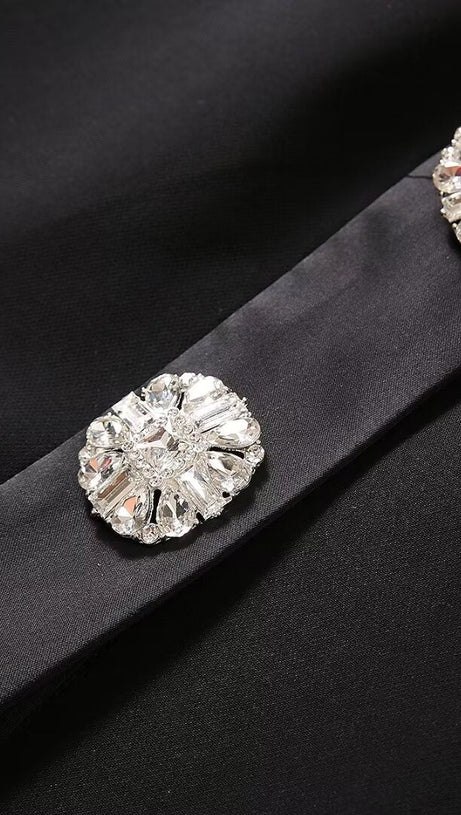 CRYSTAL EMBELLISHED SATIN-TRIMMED CREPE MIDI DRESS IN BLACK