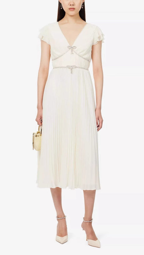 karen v-neck bow pleated chiffon midi dress - white