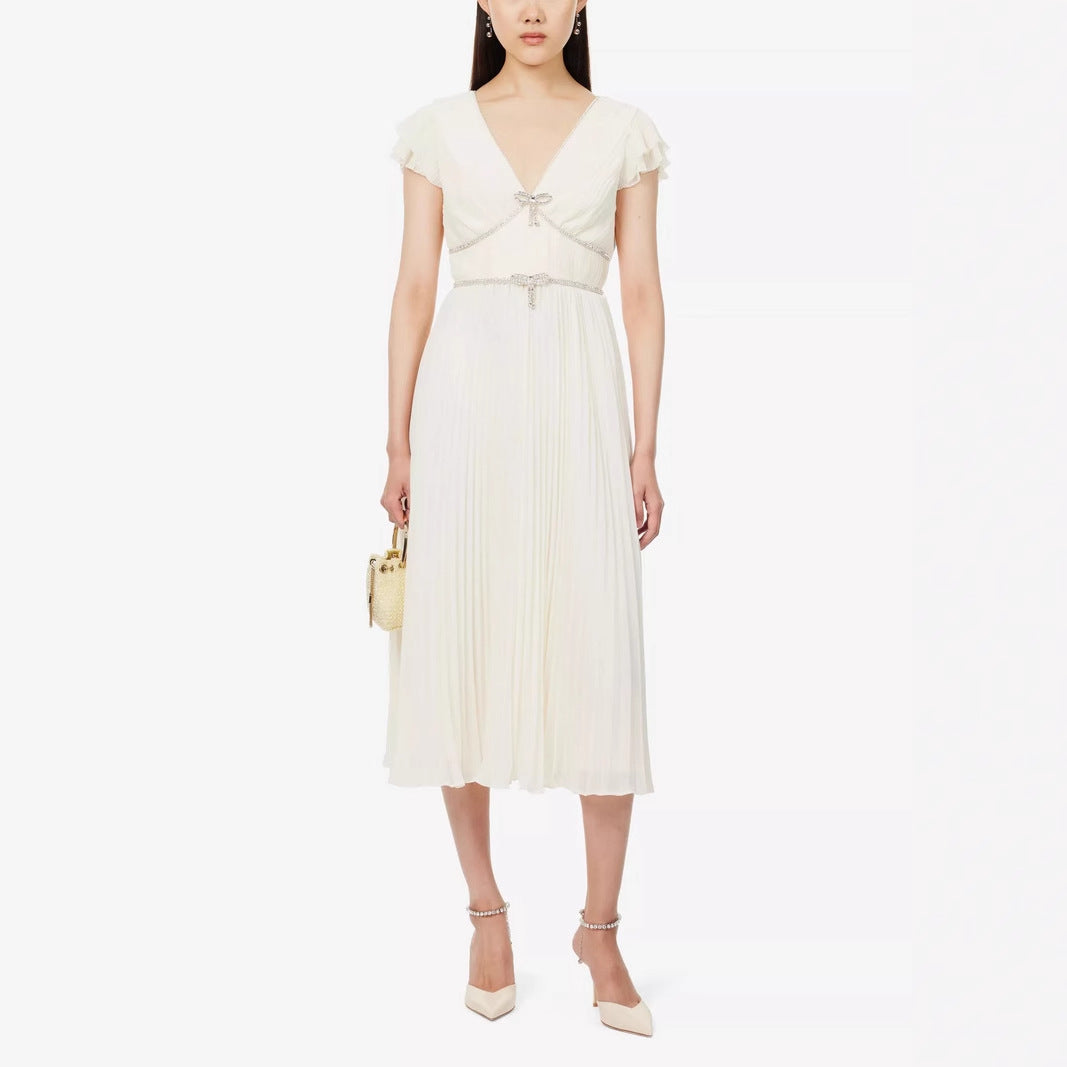 AIIZIE karen v-neck bow pleated chiffon midi dress - white - product image
