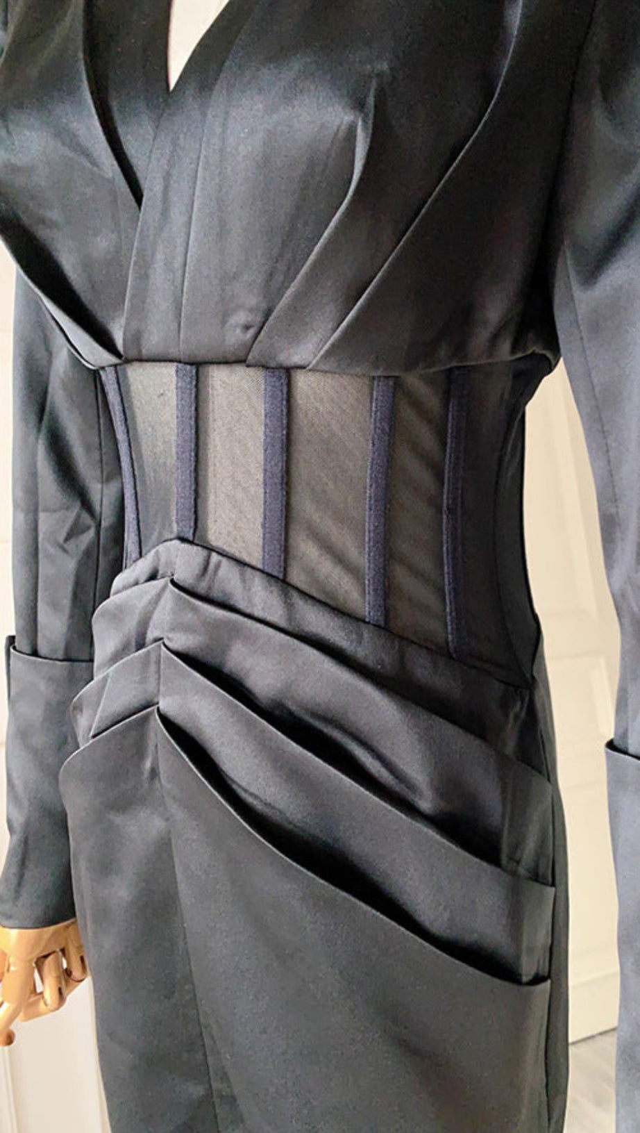 ALYSSA DEEP V SEE-THROUGH FISHBONE PLEATED HIP BLAZER MINI DRESS IN BLACK