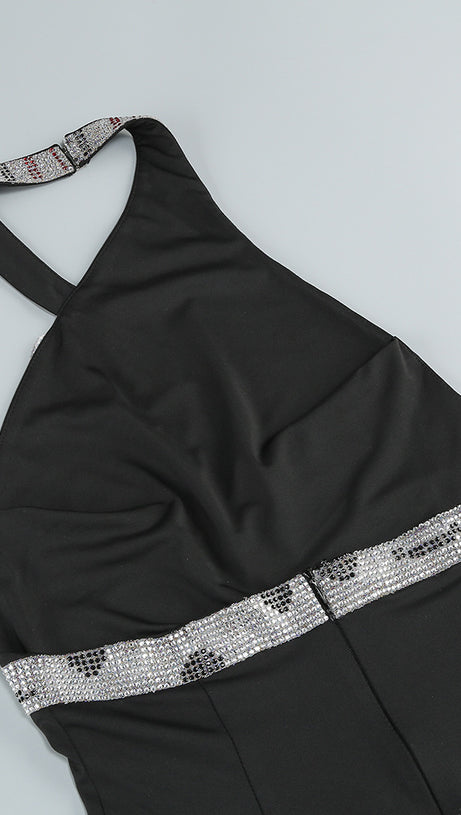 SNAKE STRAP CRYSTAL MAXI DRESS BLACK