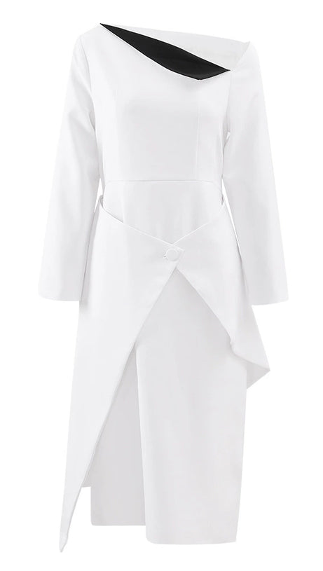 REGINA WHITE ASYMMETRIC NECK POLYCOTTON SHEATH MIDI DRESS