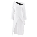 REGINA WHITE ASYMMETRIC NECK POLYCOTTON SHEATH MIDI DRESS