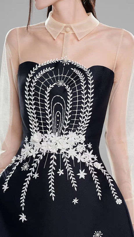 EMBROIDERED FLOWER LAPEL TULLE MINI DRESS IN DARK BLUE