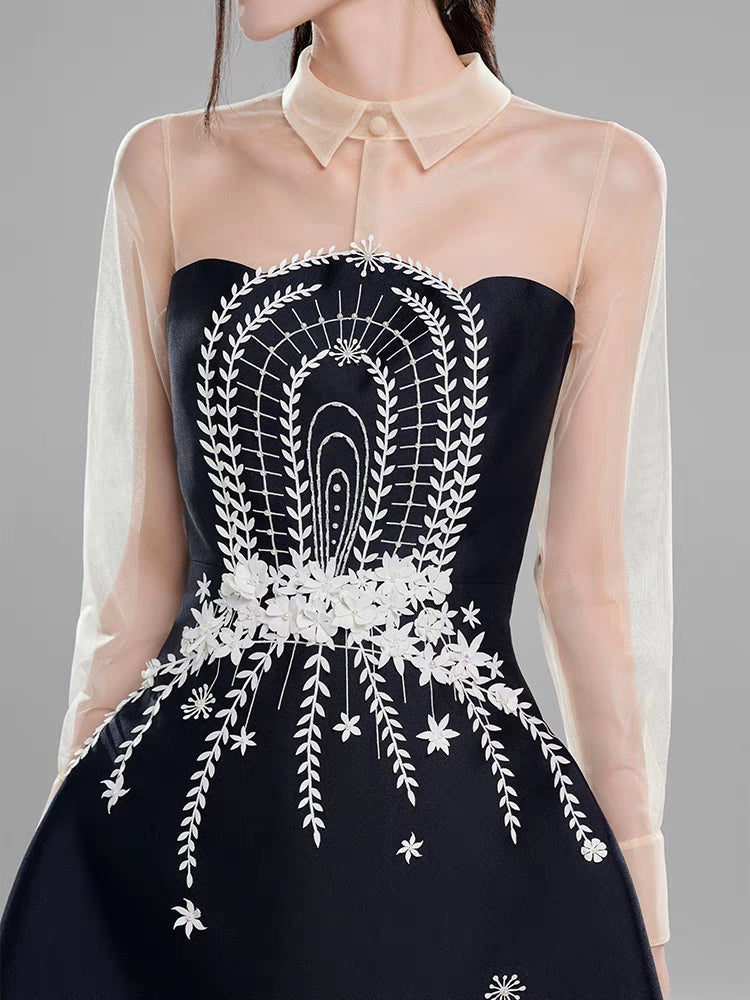 AIIZIE EMBROIDERED FLOWER LAPEL TULLE MINI DRESS IN DARK BLUE - product image