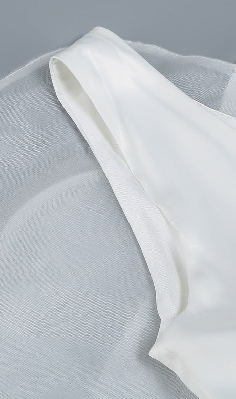 ANDREA MESH FLOWER ONE SHOULDER MIDI DRESS IN WHITE