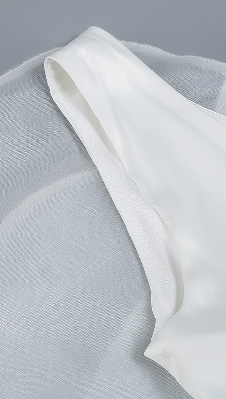 ANDREA MESH FLOWER ONE SHOULDER MIDI DRESS IN WHITE