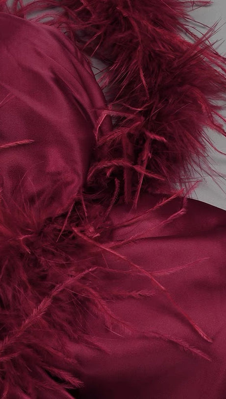 BURGUNDY FEATHER EMBELLISHED STRAPLESS MINI DRESS