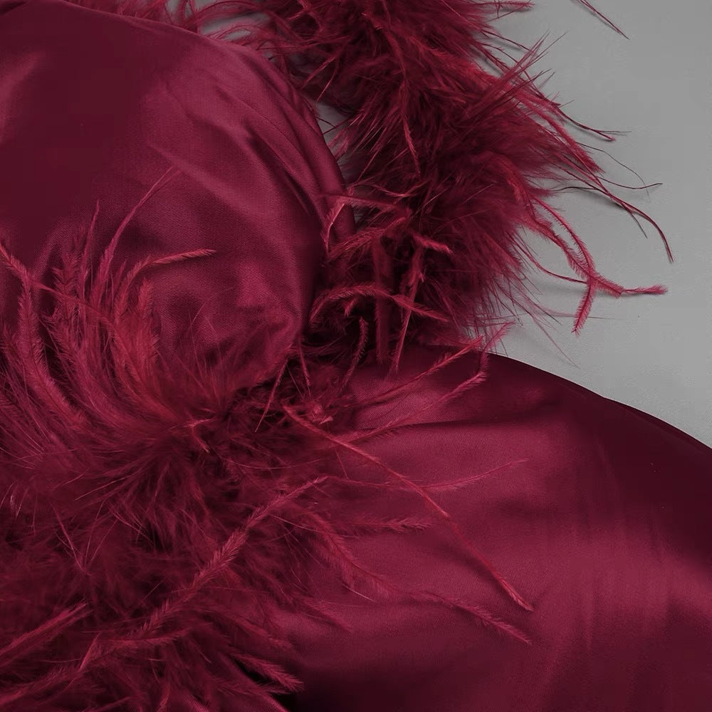 AIIZIE BURGUNDY FEATHER EMBELLISHED STRAPLESS MINI DRESS - product image