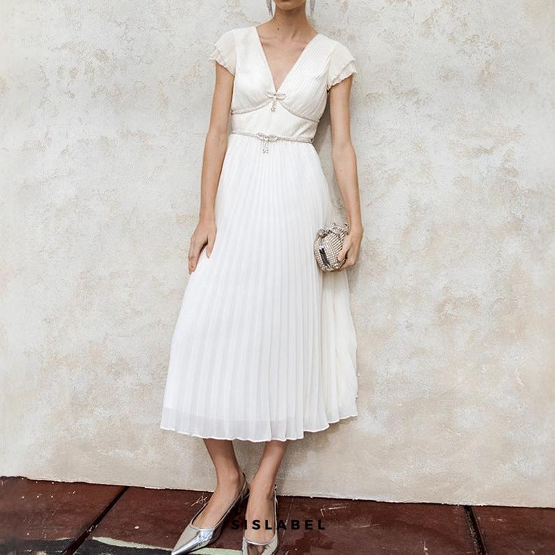 karen v-neck bow pleated chiffon midi dress - white