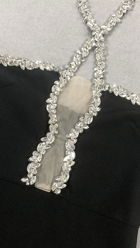 DIAMOND-EMBELLISHED HALTERNECK FITTED BANDAGE MAXI DRESS BLACK