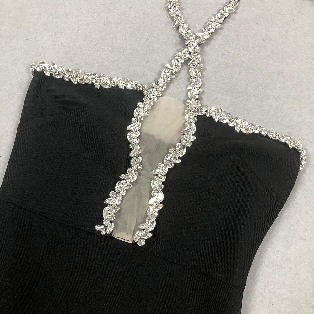 AIIZIE DIAMOND-EMBELLISHED HALTERNECK FITTED BANDAGE MAXI DRESS BLACK - product image