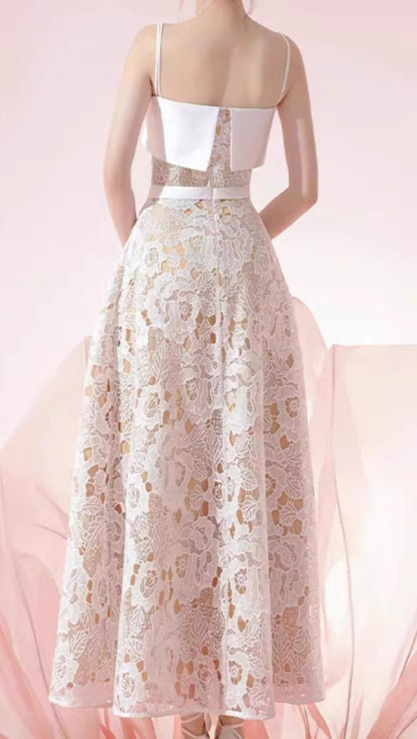 AIIZIE FLORAL EMBROIDERY FLARED MIDI DRESS IN WHITE - product image