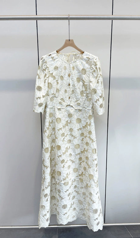 RITA DAISY GUIPURE CUT OUT GOLD MIDI DRESS