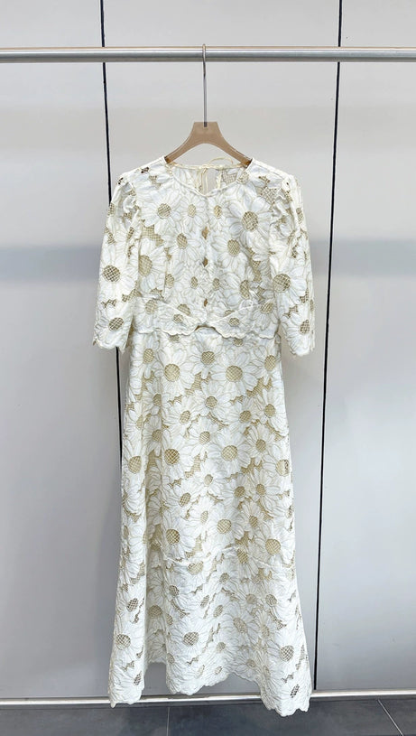 RITA DAISY GUIPURE CUT OUT GOLD MIDI DRESS