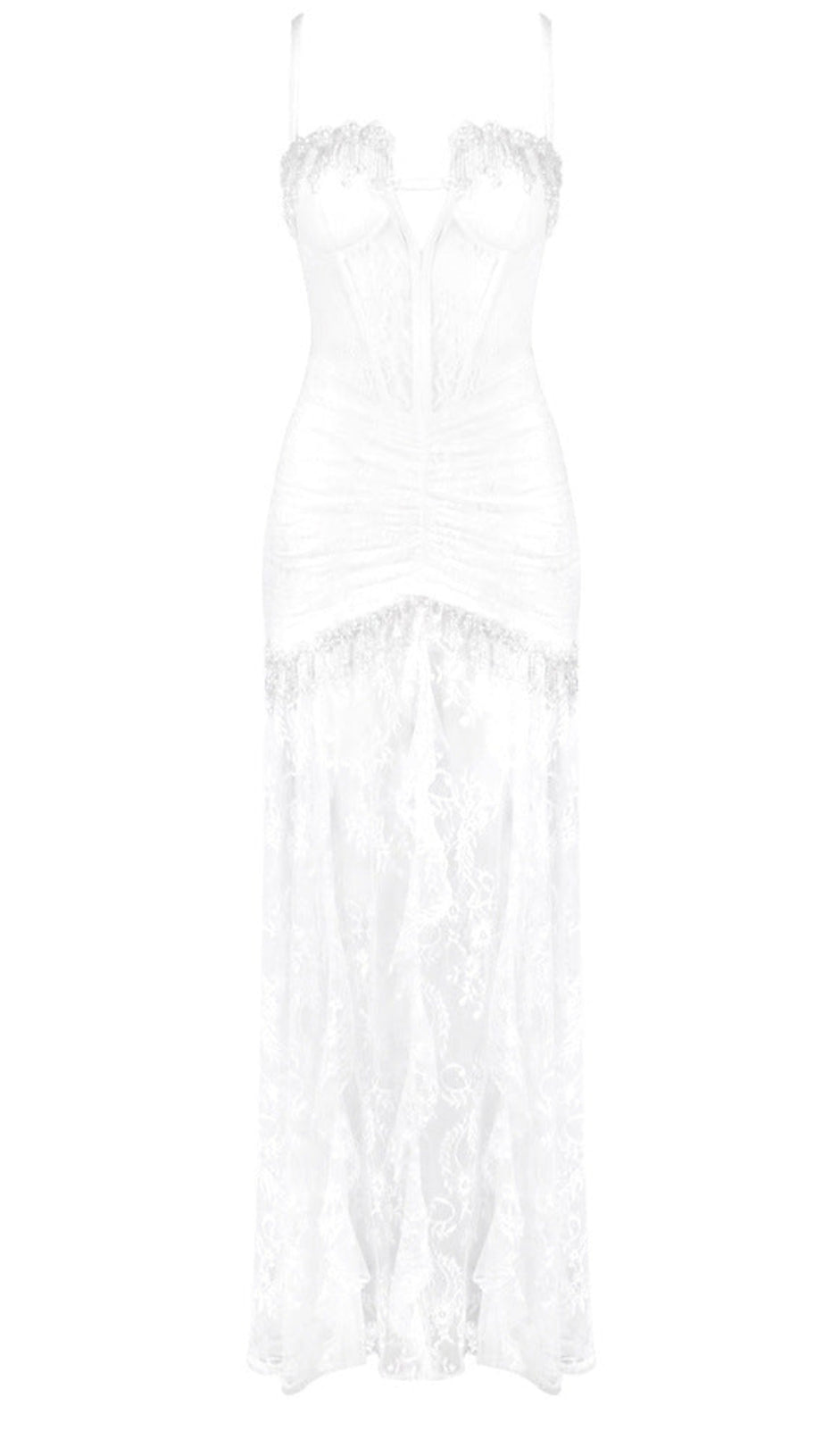 DREAMY WHITE STRAPPY CORSET LACE TRANSPARENT WEDDING LONG DRESS PARTY EVENING GOWN