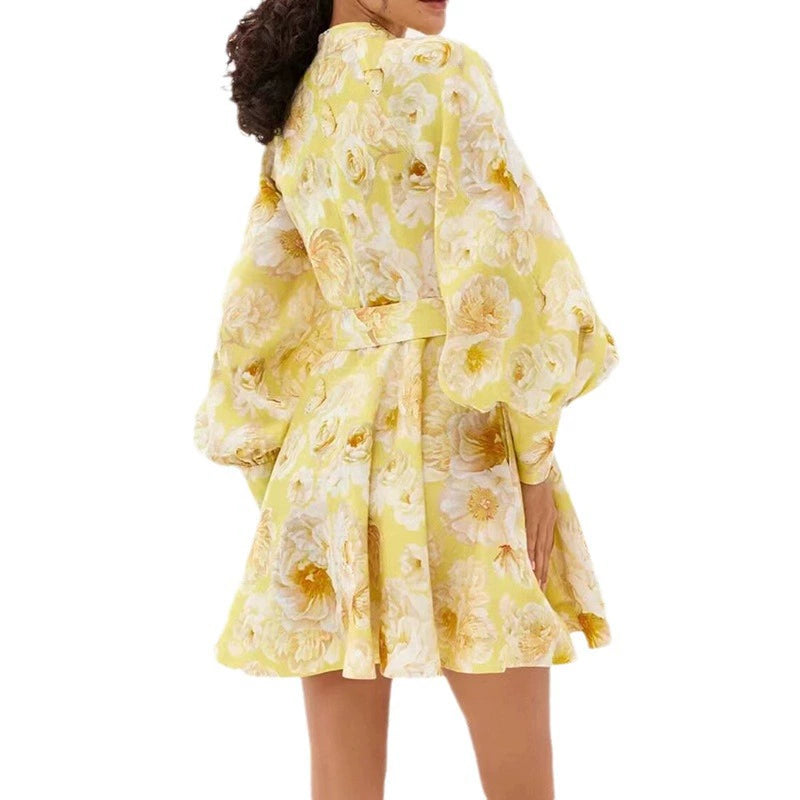 MONICA LANTERN SLEEVE FLORAL PRINT YELLOW MINI DRESS