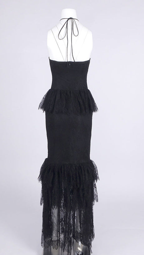 LACE TIERED FLOWER STRAPLESS MAXI DRESS IN BLACK