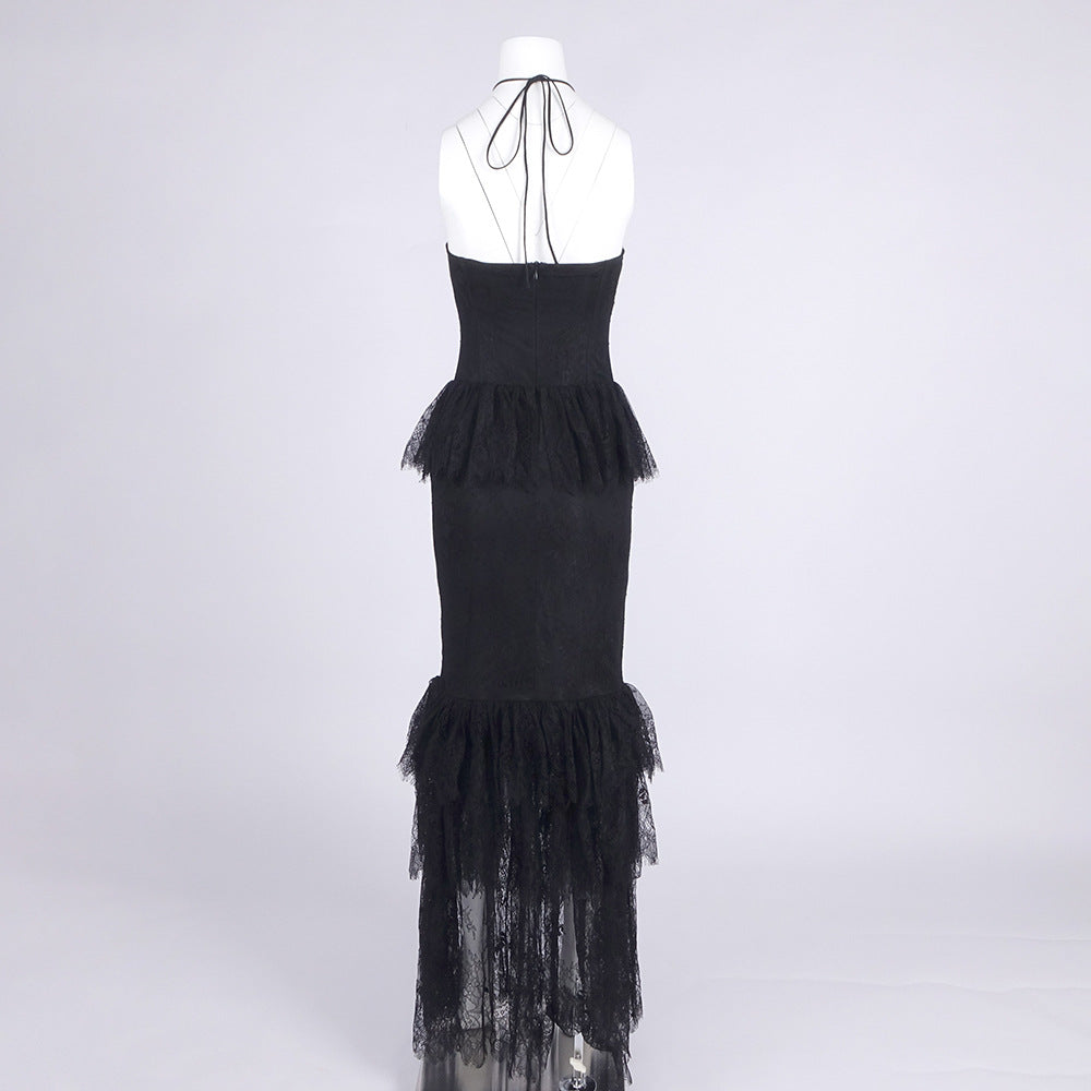 AIIZIE LACE TIERED FLOWER STRAPLESS MAXI DRESS IN BLACK - product image