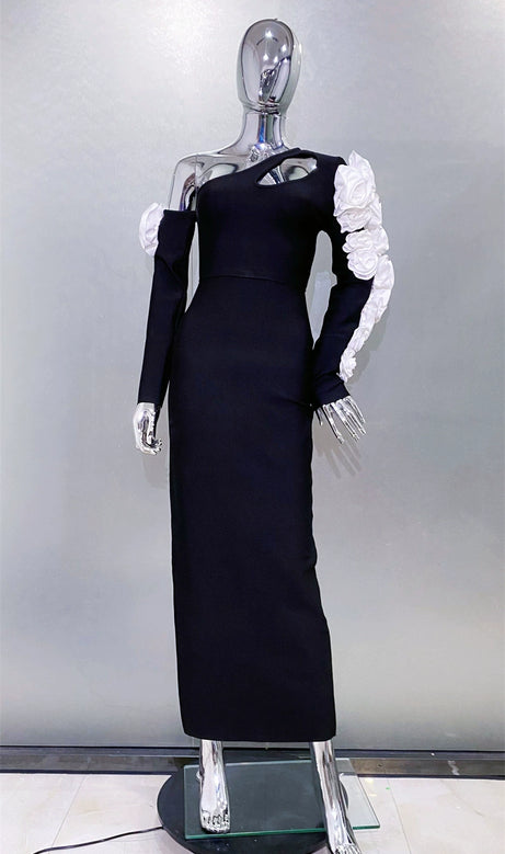 One Shoulder flower embellished Cutout Bandage Maxi Dress in black