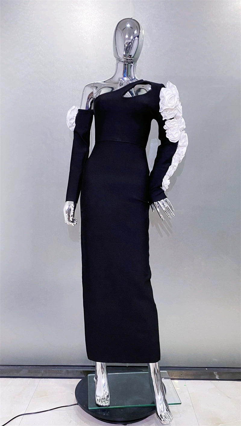 ONE SHOULDER FLOWER EMBELLISHED CUTOUT BANDAGE MAXI DRESS IN BLACK