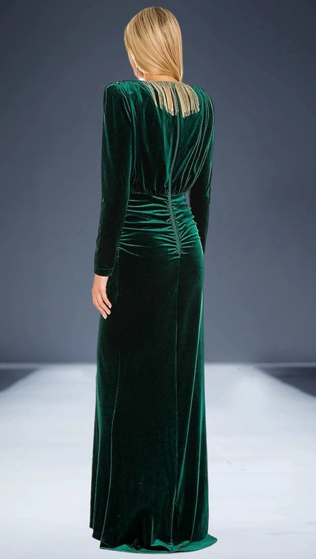 PHILIPPPA VELVET TASSEL V-NECK MAXI DRESS IN GREEN
