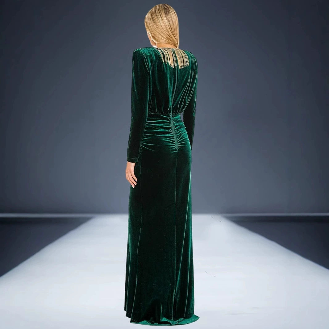 AIIZIE PHILIPPPA VELVET TASSEL V-NECK MAXI DRESS IN GREEN - product image