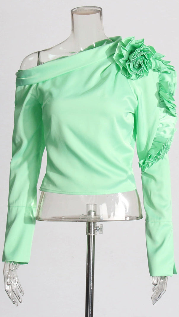AIIZIE BELLE GREEN RUFFLE ROSETTE ONE-SHOULDER CROP TOP - product image