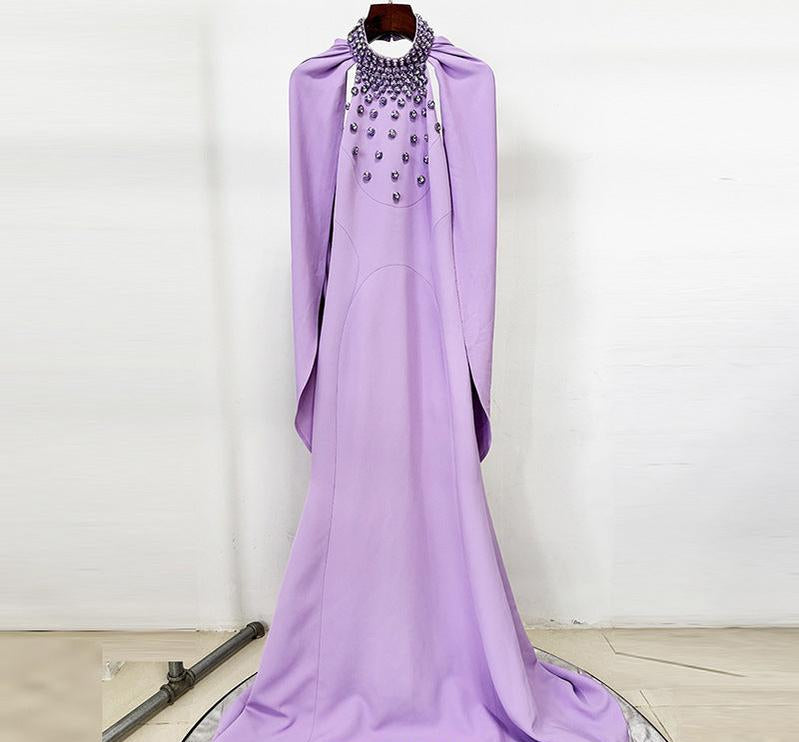 Lavender Hand-Beaded Mermaid Gown with Cape Shoulders