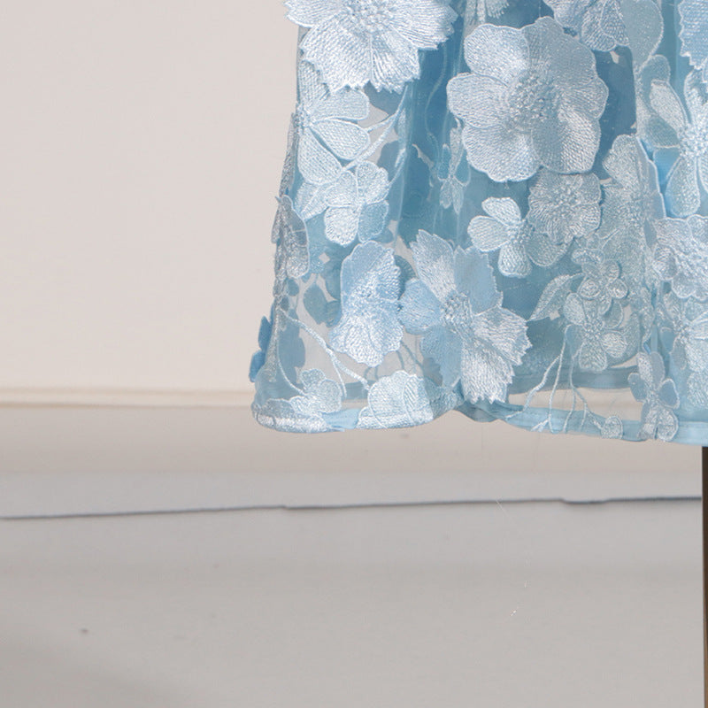 SELENE 3D FLOWER TIERED MAXI DRESS IN BLUE