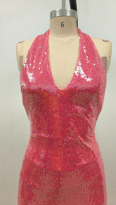 ZORA SHEER SEQUIN DEEP V NECK GOWN IN PINK RED