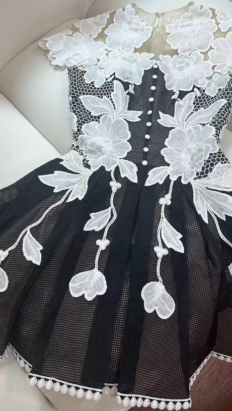 BLACK-WHITE LACE FLOWER EMBELLISHED MINI DRESS