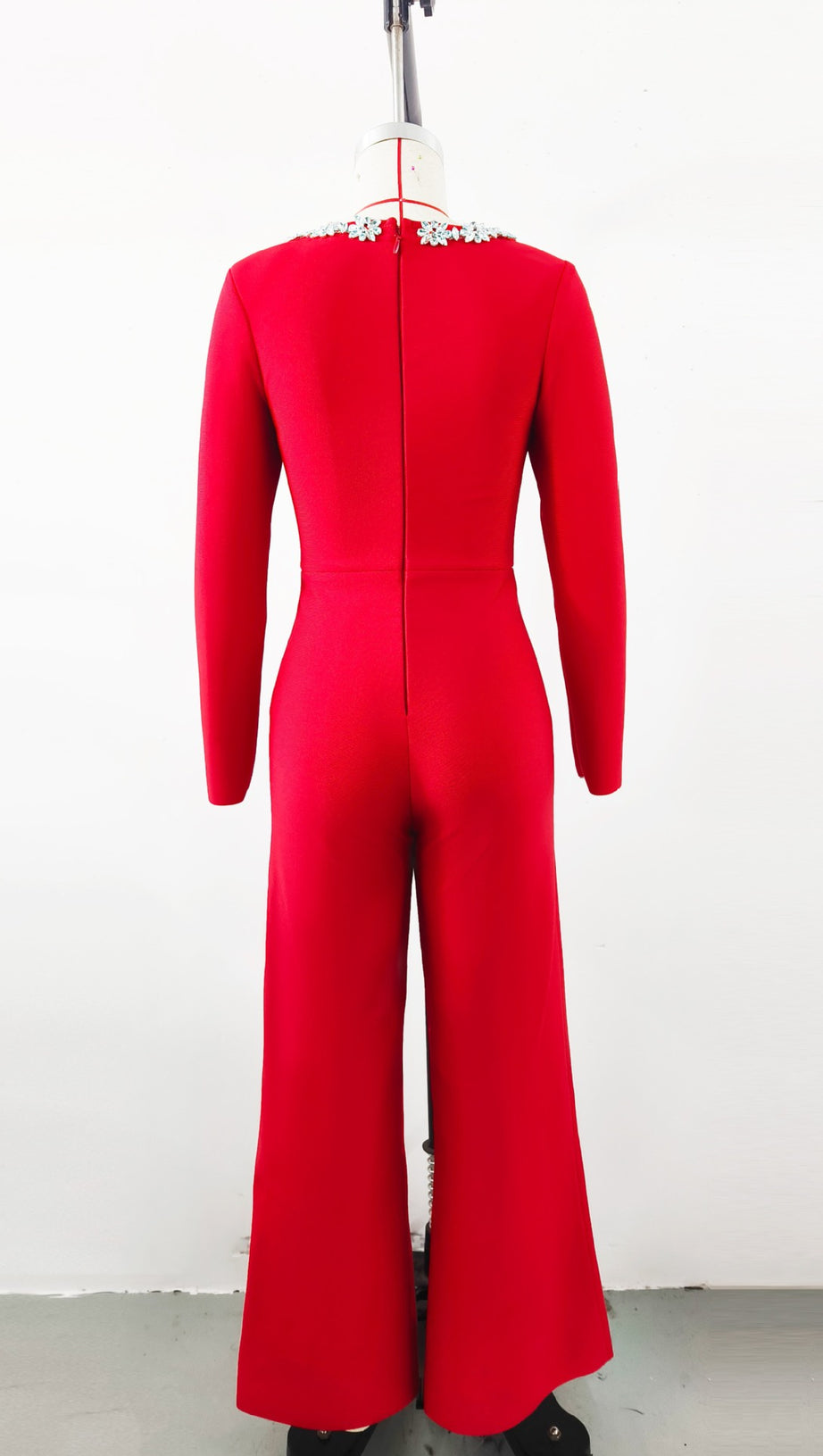 RED LONG - SLEEVED JUMPSUIT WITH WIDE - LEG PANTS